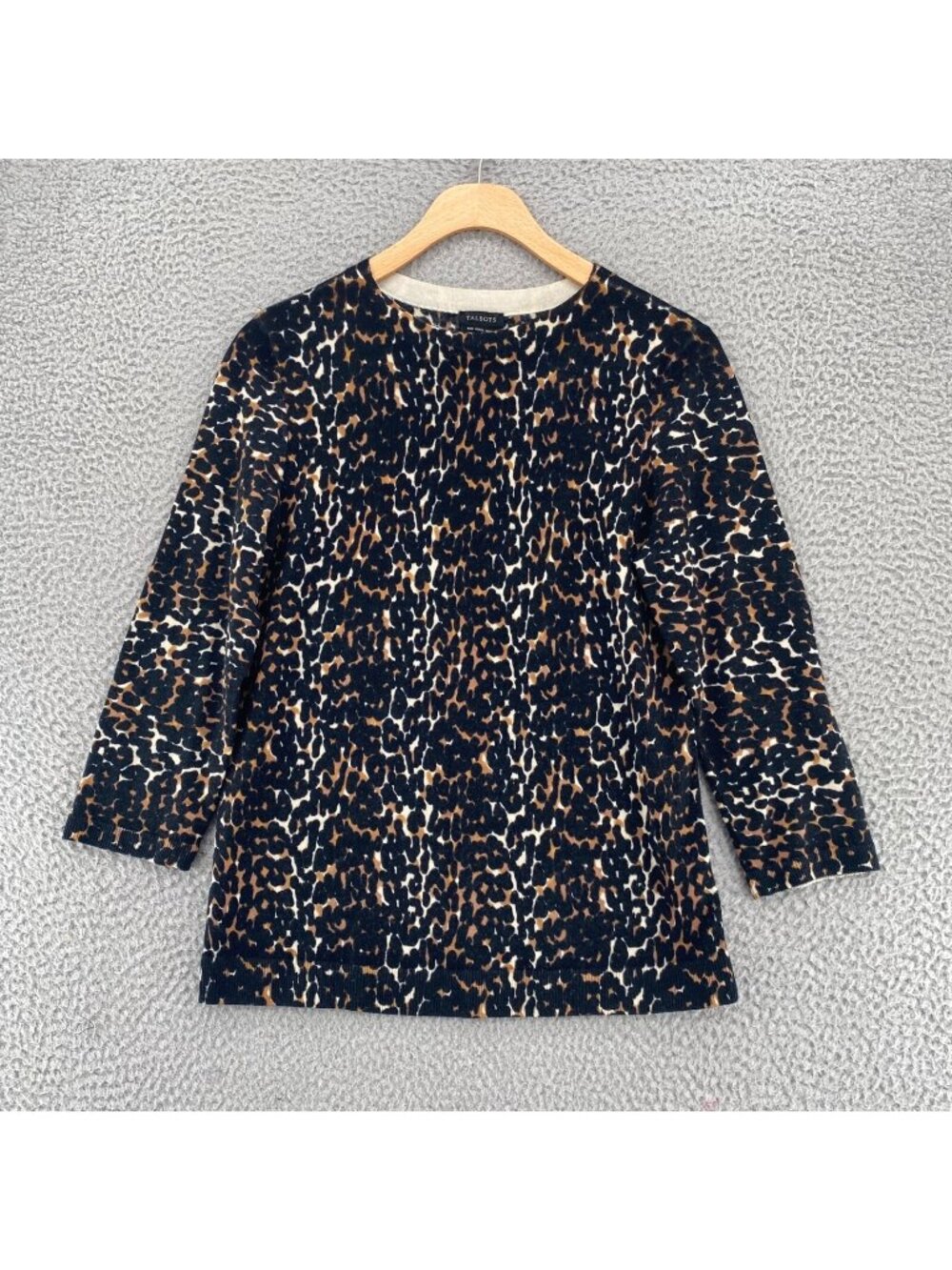 Talbots Sweater Womens Medium Black Animal Print Merino Wool Stretch Pullover